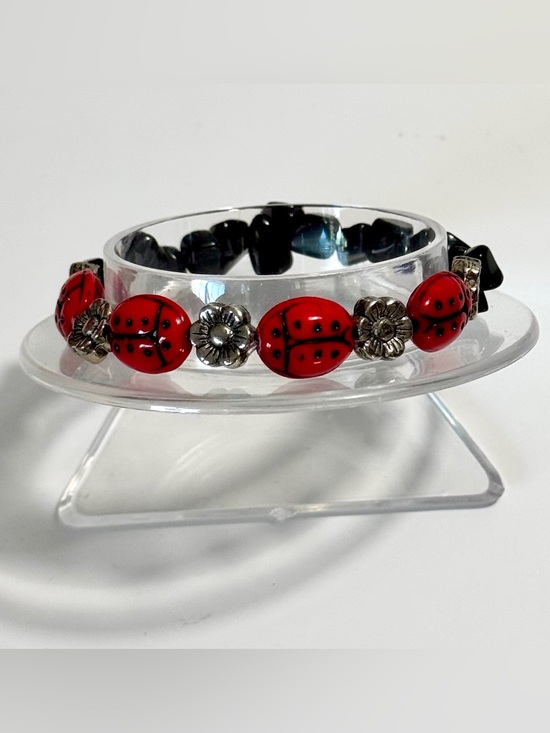 Hand Crafted Jewelry - Midnight Garden Ladybug Onyx Bracelet Handmade Stretch Bracelet Size 6.5